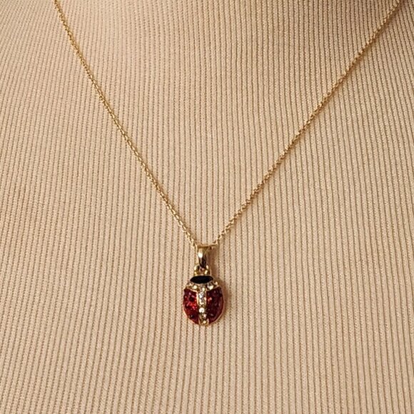 Vintage ATI China Gold Tone Enamel LADYBUG Pendant Necklace Rhinestones - Picture 1 of 8